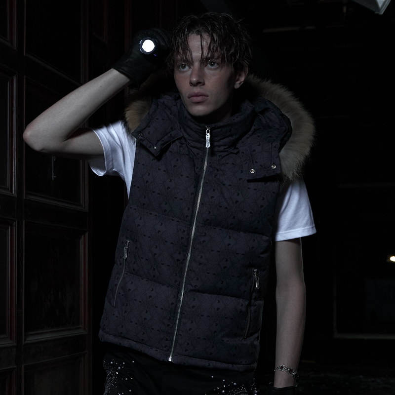 (Tbhnp) Theboyhasnopatience Dusk and Dawn Bat Dark Pattern down Vest Warm Hooded Jacket