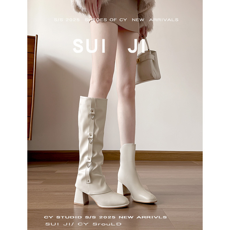Cowhide Version ~ Women's Long Boots 2026 New Autumn and Winter Thick Heel Two-Way Wear Square Toe High Tube Trouser Boots High Heel Short Boots