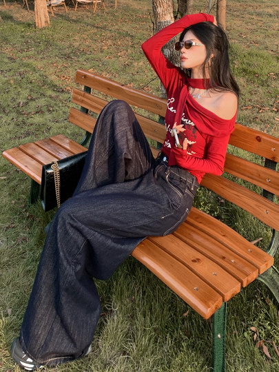 丹宁蓝美式阔腿牛仔裤女2025年秋季垂感慵懒感宽松深蓝色直筒裤子