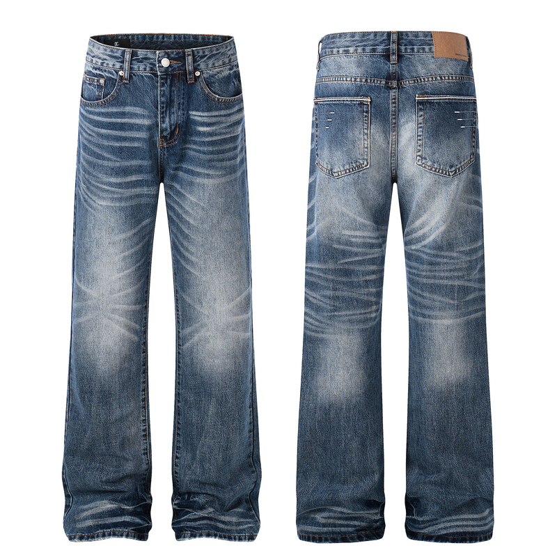 Nashao Dadi American Retro Washed Whiskered Distressed Embroidered Line Slim-Fit Extended Denim Pants