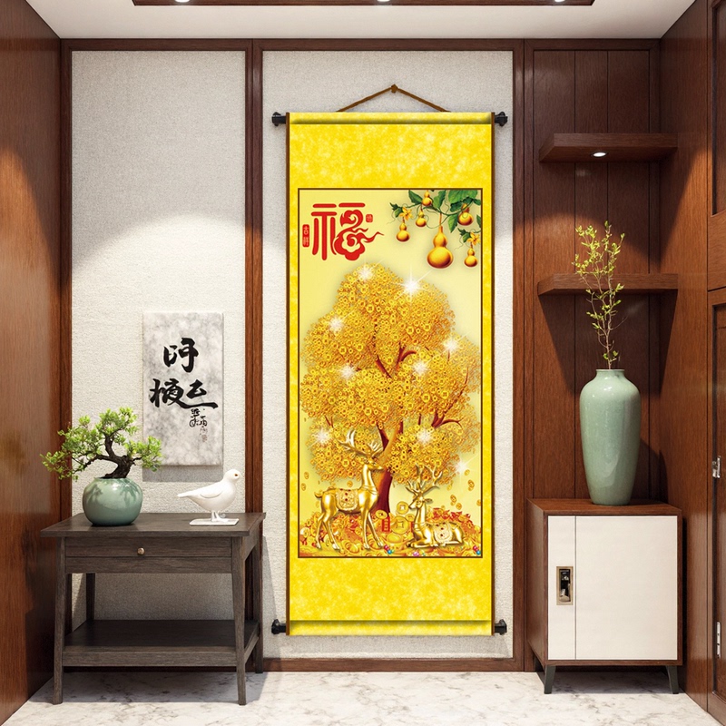 "Money Tree" Golden Fortune Scroll Painting for Wealth and Prosperity, Decorative Wall Art for Study, Living Room, and Entrance Hall "Money Tree" Golden Fortune Scroll Painting for Wealth and Prosperity, Decorative Wall Art for Study, Living Room, and Entrance Hall