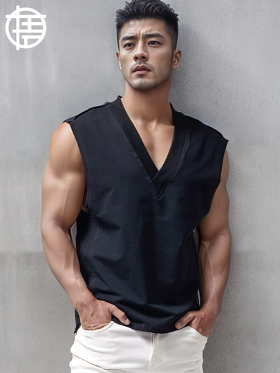 Heavyweight V-Neck Wide-Shoulder Tank Top for Men, Loose Fit, Sports Fitness, Sleeveless, Solid Color Cotton, Sleeveless T-Shirt for Men, Summer Vest