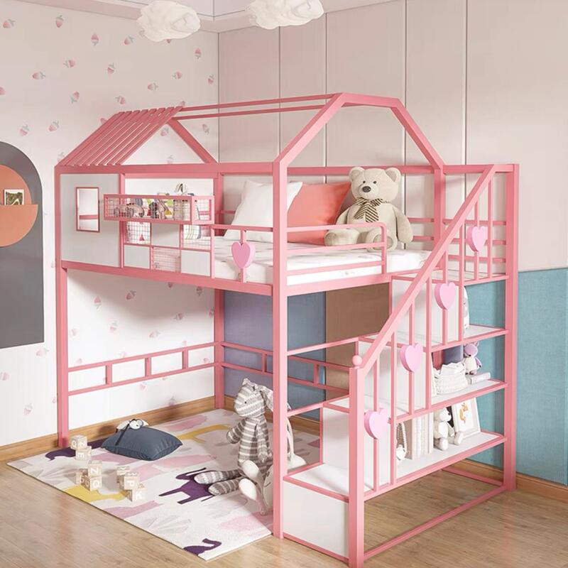 New Modern Children's Bed with Desk Below, Iron Frame Bed, Space-Saving Bunk Bed, Iron Art Loft Bed, Small Apartment Princess Bed