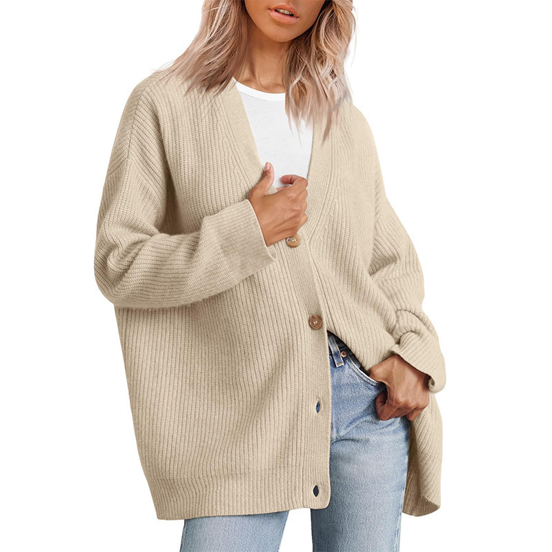Cross-Border European and American Style Simple Versatile Knitwear 2024 Cross-Border Women's Clothing Amazon Button V-Neck Solid Color Sweater for Women