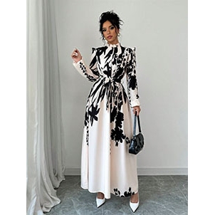 Cross-Border Foreign Trade Women's Clothing Autumn New Style Shein Slim-Fit Long Dress Printed Waist-Cinching Long-Sleeve Dress A-Line Mid-Length Dress