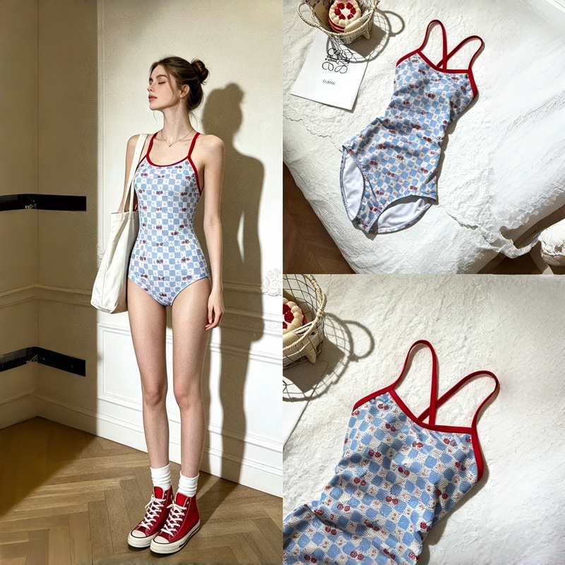 [Original] Blue Checkered Cherry Print Gold-Stamped Racing Swimsuit for Women, One-Piece Triangle Double-Layer Professional Training Swimsuit for Swimming Pools