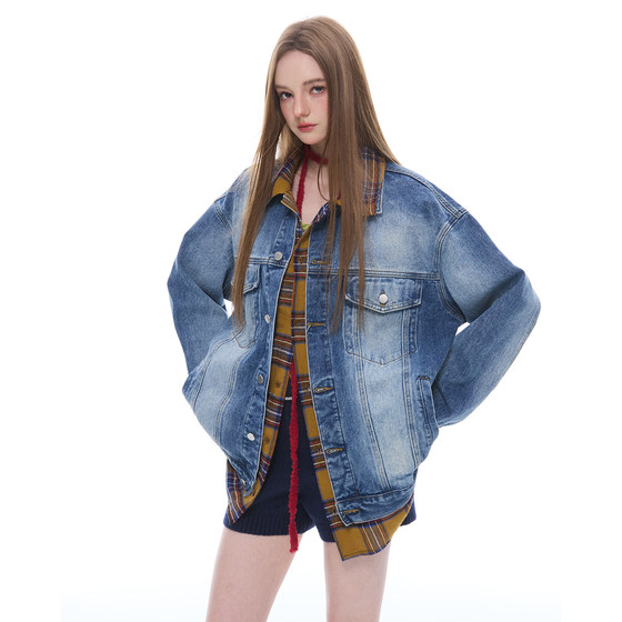 ZEXO美式复古撞色翻领假两件宽松水洗做旧牛仔外套潮百搭