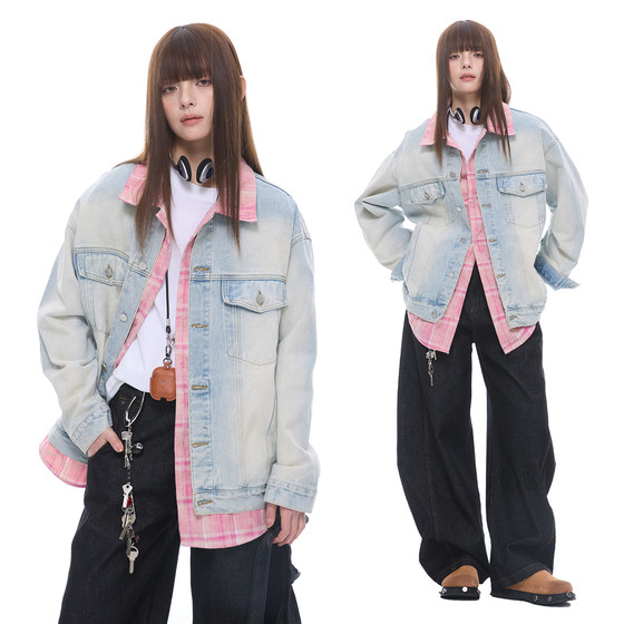 ZEXO美式复古撞色翻领假两件宽松水洗做旧牛仔外套潮百搭