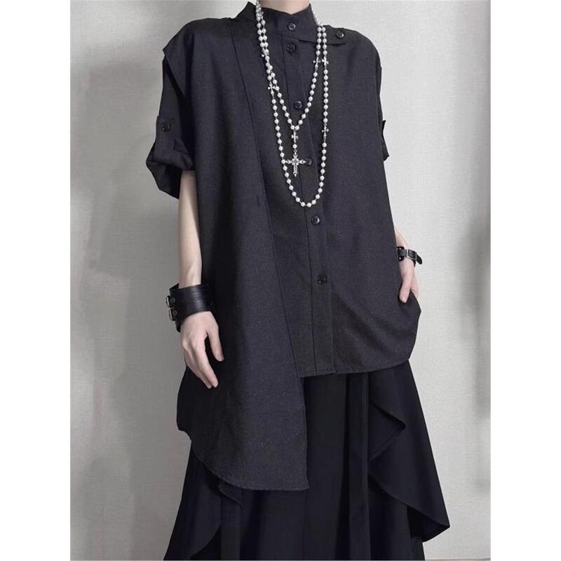 Yamamoto-Style Shawl with Ribbon Design, Asymmetrical Short-Sleeve Shirt for Men and Women, New Irregular Niche Loose Shirt Top