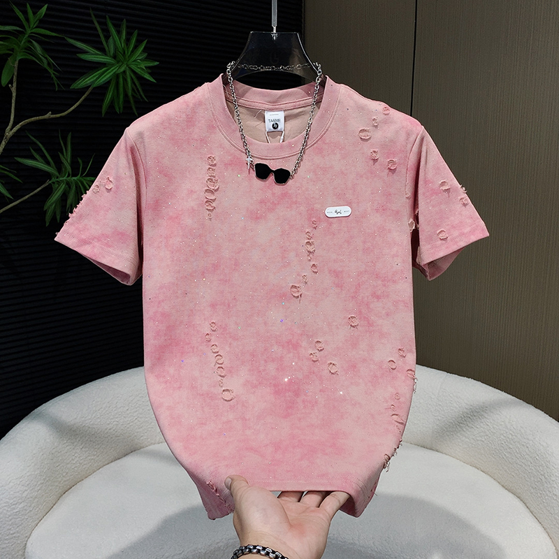 Starry Sky Ripped Short-Sleeve T-Shirt, Summer New Style, Unique Korean Version, Casual Couple's Round-Neck T-Shirt for Men, Trendy