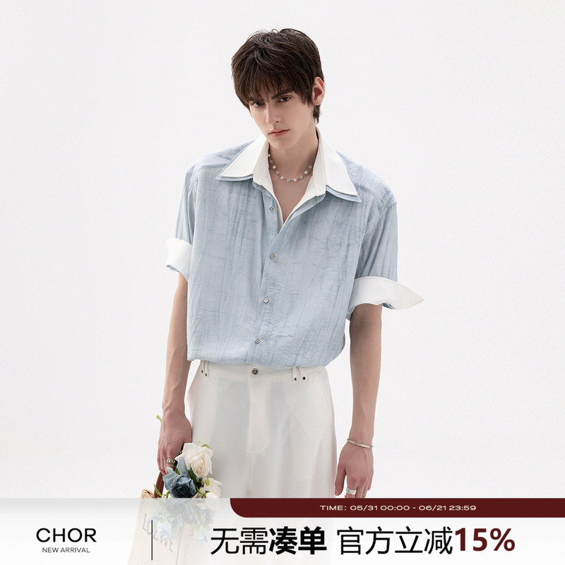 Chor Fake Two-Piece Ink Texture Roll-Sleeve Patchwork Short-Sleeve Shirt for Men, Summer 2025 New Loose Shirt Chor Fake Two-Piece Ink Texture Roll-Sleeve Patchwork Short-Sleeve Shirt for Men, Summer 2025 New Loose Shirt