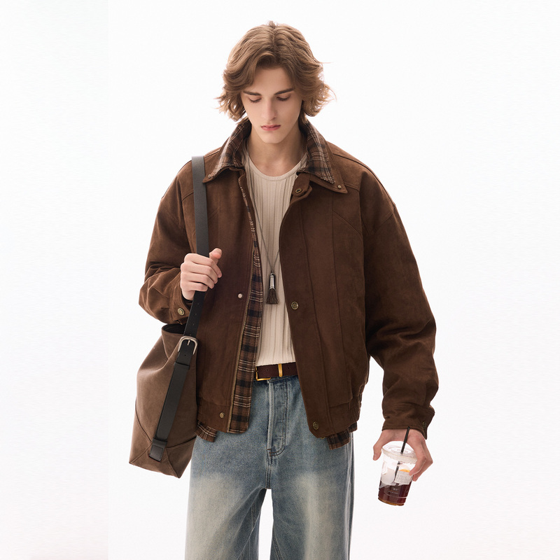 Chor Winter American Retro Leather Velvet Lapel Faux Two-Piece Jacket Suede Men's down Jacket Thickened