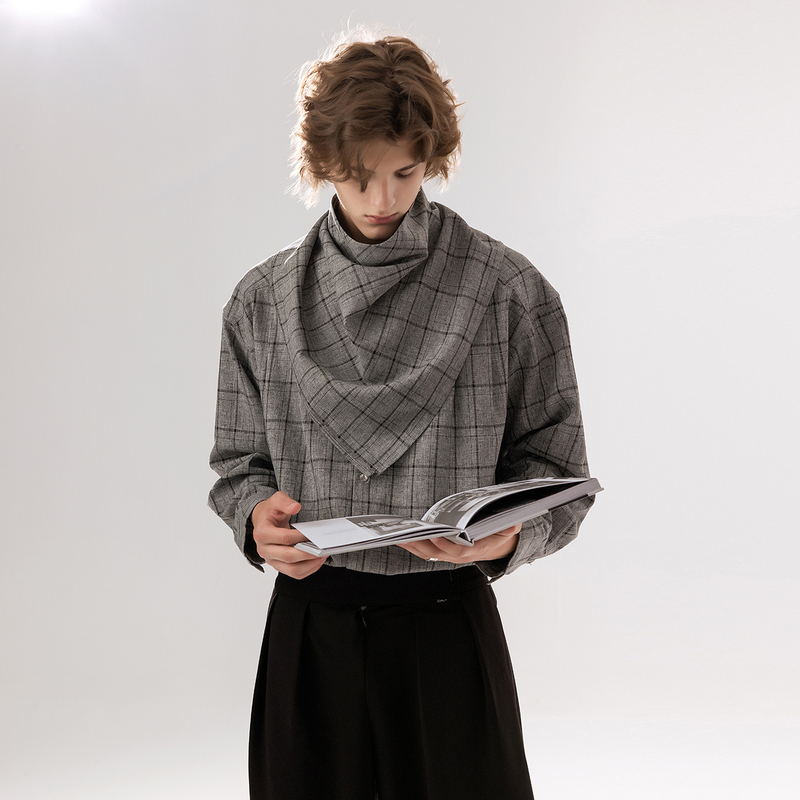 Chor Detachable Scarf Unique Design Plaid Long-Sleeve Shirt for Men Autumn 2025 New High-End Shirt