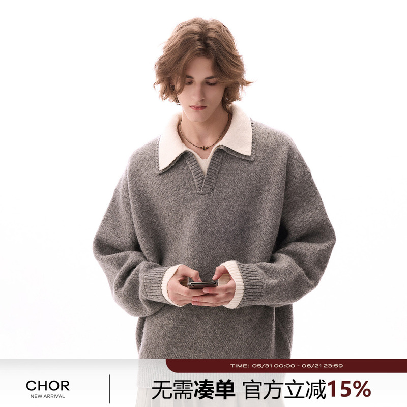 Chor New Winter Wool Blend Men's Casual Korean Retro Double Collar V-Neck Fake Two-Piece Sweater Knitwear Chor New Winter Wool Blend Men's Casual Korean Retro Double Collar V-Neck Fake Two-Piece Sweater Knitwear