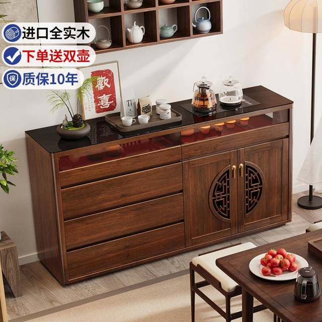 New Chinese-style solid wood sideboard wall integrated storage cabinet smart tea bar machine living room storage tea cabinet new style