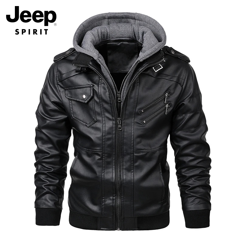 Jeep Men's Leather Jacket Autumn New Fashion Trendy Windproof Motorcycle Leather Jacket Men's Hooded Leather Jacket