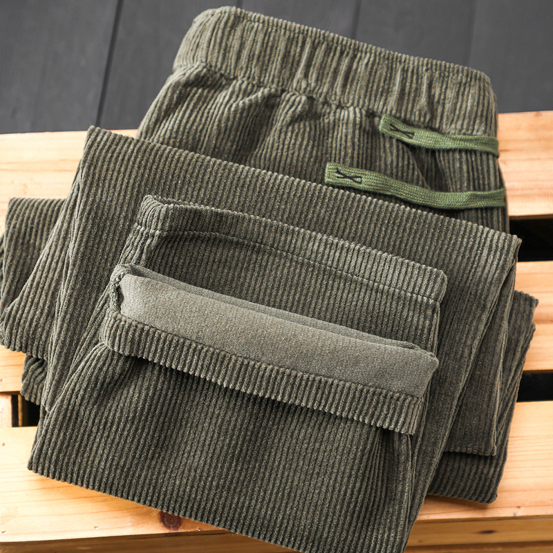 2026 Spring and Autumn Pure Cotton Corduroy Pants Green Vintage Solid Color Washed Corduroy Casual Straight Pants