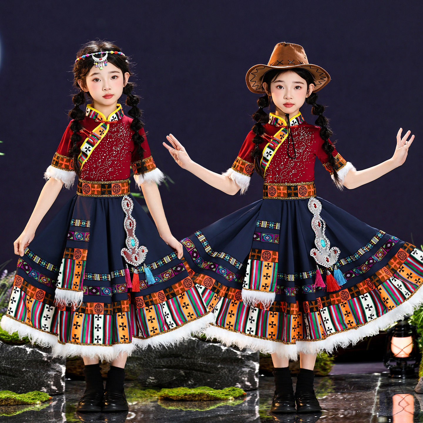 子供向けチベット舞踊公演衣装（「旧暦3月3日の牧夫たちの新しい歌」）、および子供向け舞踊試験衣装（「小さなえくぼと願い」）。