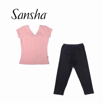 Sansha Children's Dance Practice Outfit for Girls, Short-Sleeve Fitted T-Shirt and Three-Quarter Pants Chinese Dance V-Neck Set