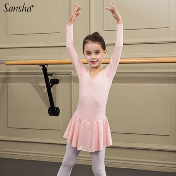 Sansha Children's Long-Sleeve One-Piece Chiffon Dress V-Neck Ballet Costume Practice Performance Outfit for Girls