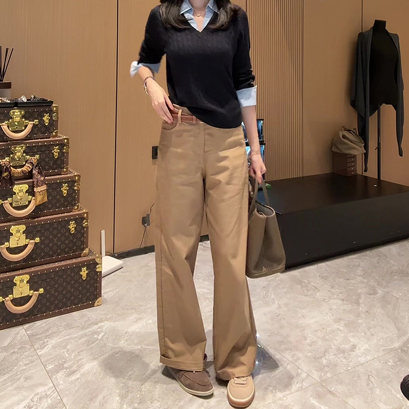 Autumn Trendy Korean-Style Pants, Old Money Style Khaki Casual Pants for Women, Plus Size, High-Waisted, Slimming, Everyday Straight-Leg Pants