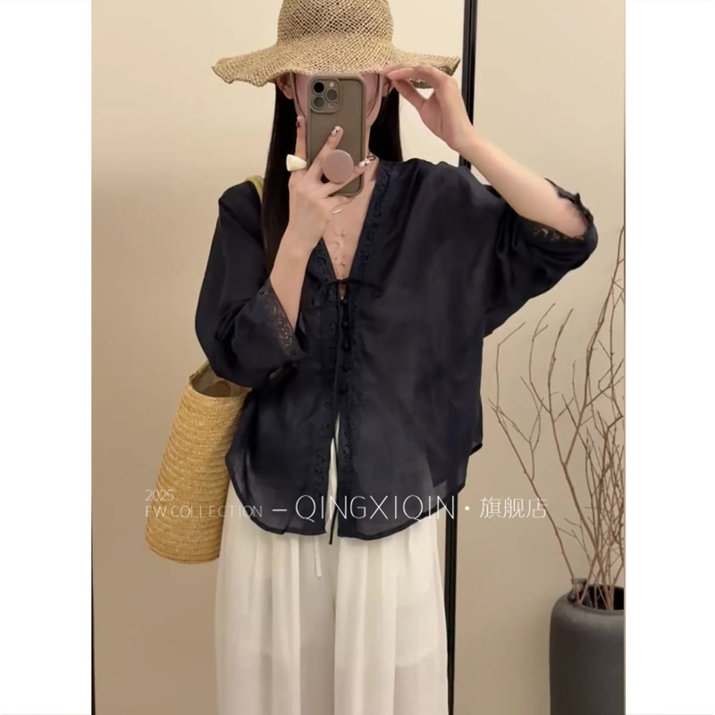 2025 Summer New Style French Lace Black Shirt for Women, Lace Cotton and Linen Feel Sun Protection Shirt, Loose and Versatile Top