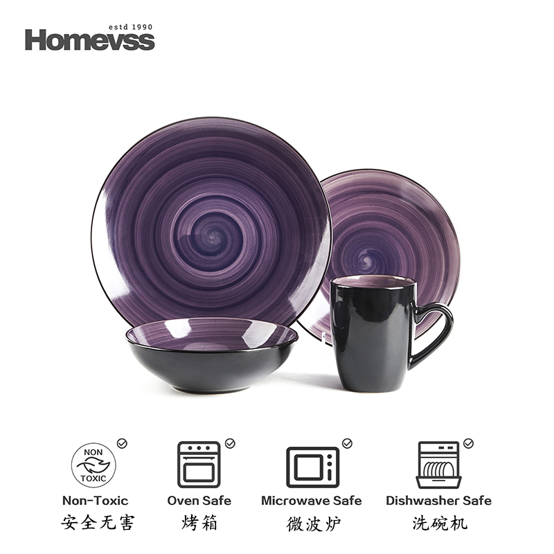 Handmade Violet Ceramic Tableware Set, Household Dishes, Plates, Bowls, Underglaze Color Tableware Set