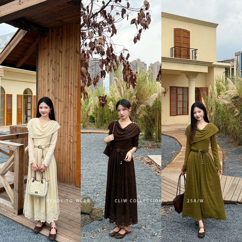 Cai Cai [Wuye Zhimeng] Petite Slimming Knitted Dress Autumn Design with Flared Neckline and Large Hem