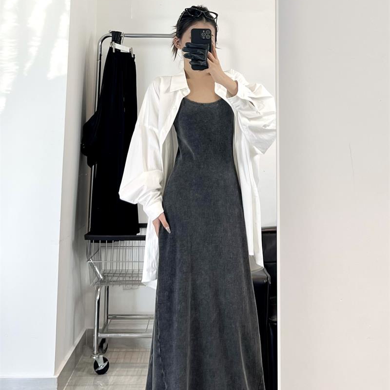Call Me Li Li. Distressed Washed Camisole Dress, A-Line, Waist-Cinching, Slimming, Versatile, Tall Women's Spring and Autumn Dress