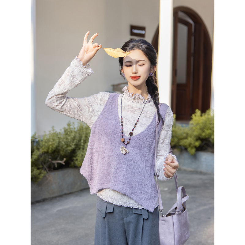 Qiqi【Fresh Seedling】Gentle Wind Purple Two-Piece Set Half-High Collar Lace Layered Vest Suit