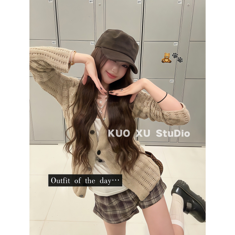 French Retro Relaxed Style Hollow Knit Cardigan Sweater Plaid Shorts Leggings Hot Pants Bootcut Pants Set