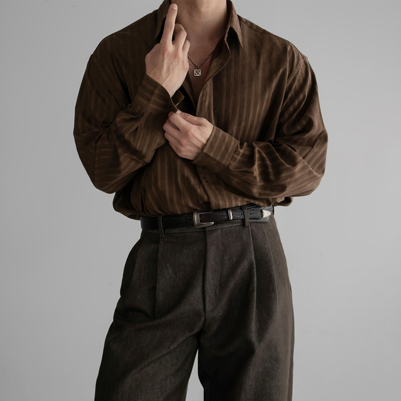 Brown Striped Casual Long-Sleeved Shirt for Men, Autumn Top, Retro Mature Style Men's Clothing, Heavyweight Melard Shirt Brown Striped Casual Long-Sleeved Shirt for Men, Autumn Top, Retro Mature Style Men's Clothing, Heavyweight Melard Shirt