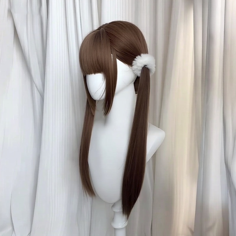 Synthetic Fiber Double Ponytail Long Straight Hair Brown Black Bangs Wig Set Daily Full Wig Cosplay Convention Special Wig