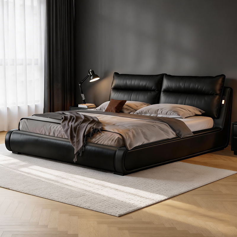 Italian-Style Minimalist Leather Bed 1.8m Master Bedroom High-End Luxurious Double Bed Multifunctional Black Floor-Standing Soft-Upholstered Wedding Bed