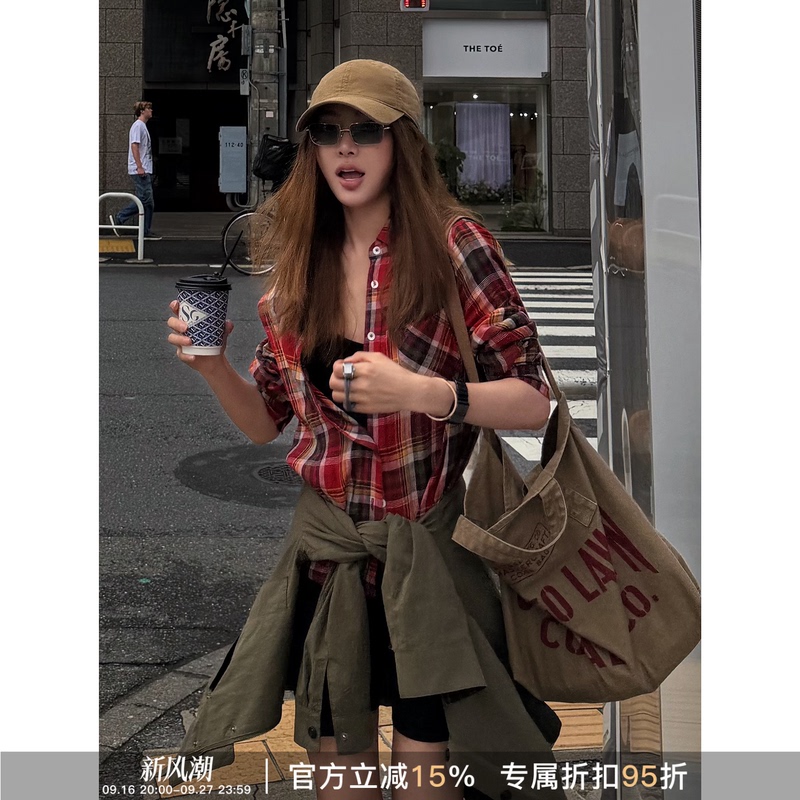 Rher Studio “Plaid Red” Retro Casual Versatile Plaid Long-Sleeve Color-Block Pocket Shirt C2070 Rher Studio “Plaid Red” Retro Casual Versatile Plaid Long-Sleeve Color-Block Pocket Shirt C2070