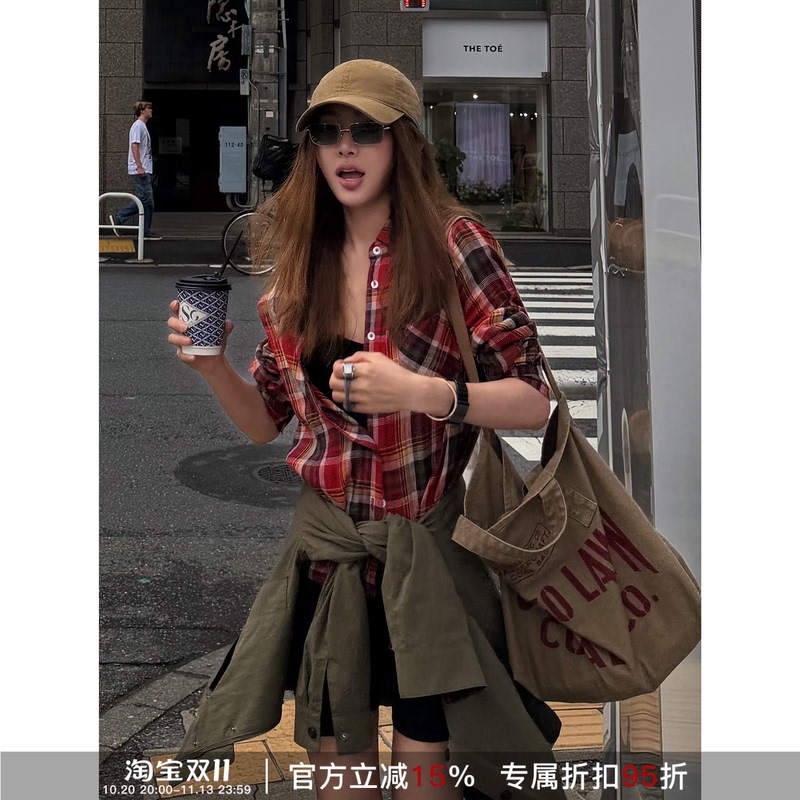 Rher Studio “Plaid Red” Retro Casual Versatile Plaid Long-Sleeve Color-Block Pocket Shirt C2070 Rher Studio “Plaid Red” Retro Casual Versatile Plaid Long-Sleeve Color-Block Pocket Shirt C2070