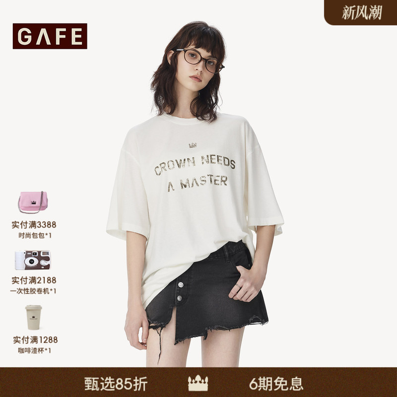 Gafe Crown "Liu Yao Wen's Style" Letter Print T-Shirt for Women, Loose, Light Luxury, Casual and Relaxed Top Gafe Crown "Liu Yao Wen's Style" Letter Print T-Shirt for Women, Loose, Light Luxury, Casual and Relaxed Top