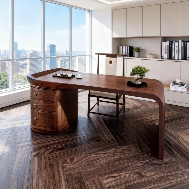 Solid Wood Calligraphy Desk Executive Desk Boss's Office Desk Single-Person New Chinese Style Black Walnut President's Desk with Storage 1.8