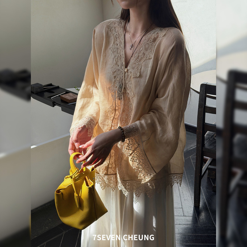 7Seven 100% Ramie ~ Soft Apricot Color Heavy Lace Embroidery Patchwork French V-Neck Long Sleeve Top for Women 0683