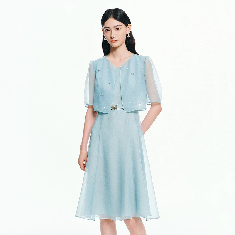 Kela Mall's Same Style 2026 Summer New Elegant Beaded Waist-Cinching Mid-Length Two-Piece Chiffon Dress for Women