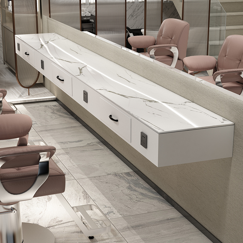 Barber Shop Special Mirror Table with Marble and Drawers, Integrated Cabinet for Dyeing and Perming Area, Wall-Mounted Countertop, Solid Wood Countertop
