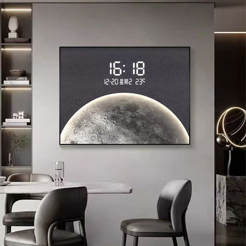 German Minimalist Moon-Shaped Meter Box Decorative Painting for Living Room and Dining Room, No Drilling Required, with Clock to Cover the Power Distribution Box
