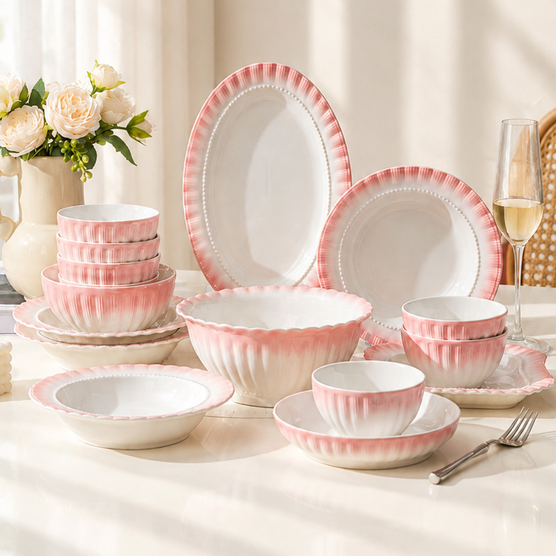 Tableware Set with Cream-Colored Ceramic Bowls and Plates for Home Use, Featuring Pink Ruffled Edges, High Aesthetic Value, and a Simple Bowl, Plate, and Dish Combination