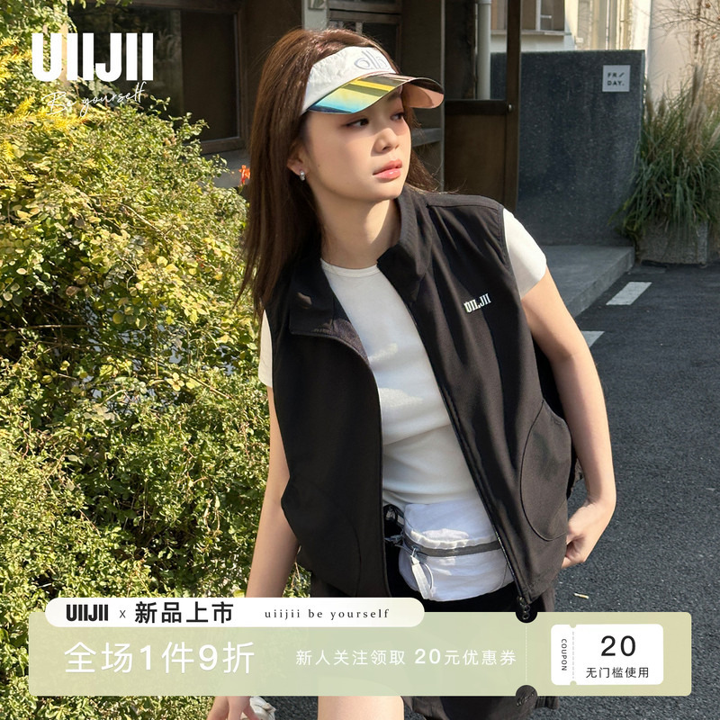Uiijii Double-Line Grid Four-Way Stretch Outdoor Stand-Up Collar Vest Layered Golf Sleeveless Jacket