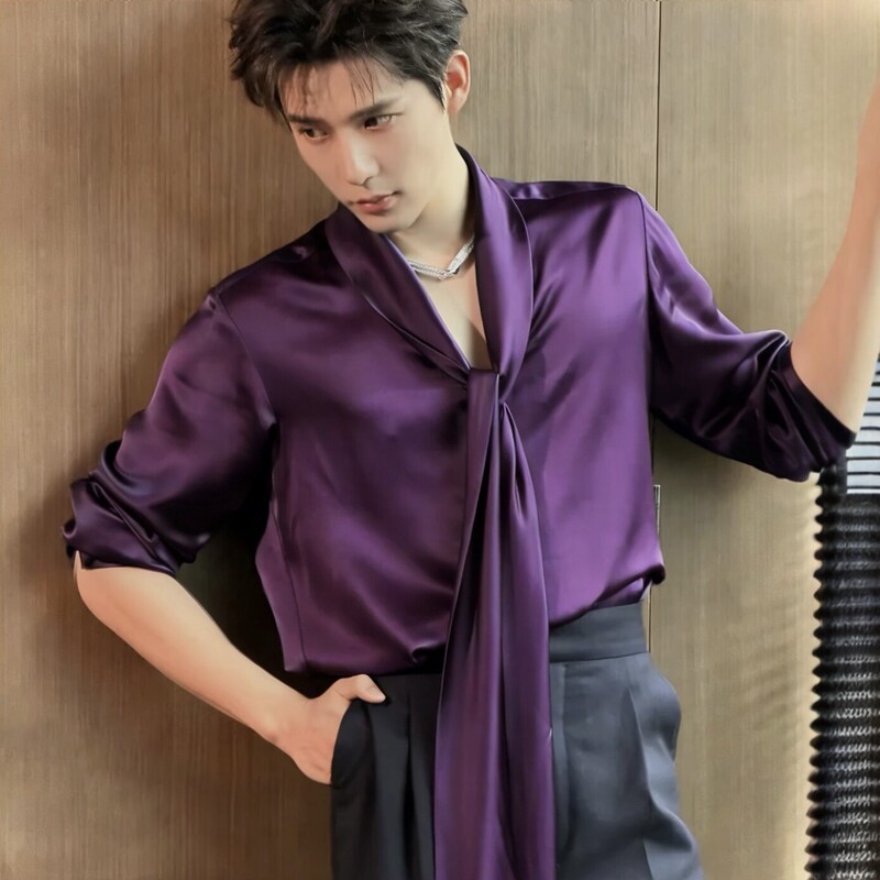 Wang Anyu's Same Style Dark Purple Noble New Formable Ribbon Men's Shirt Long-Sleeved High-End Satin Shirt