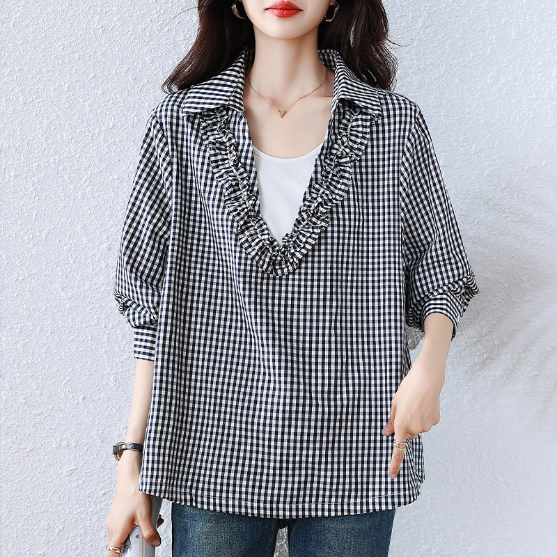 九月墨陌格子假两件木耳边衬衫秋季2025新款大码女装欧货宽松上衣