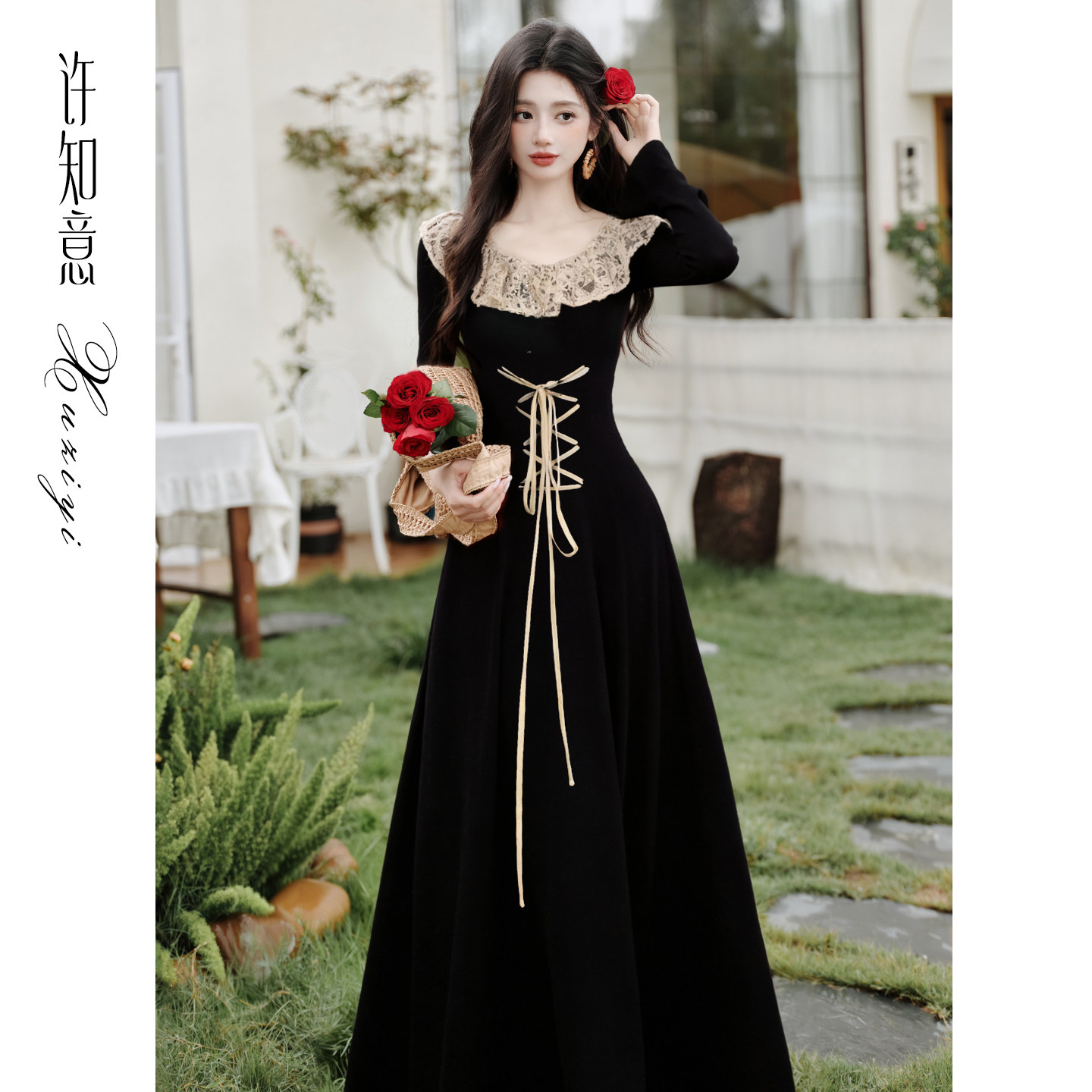Xu Zhiyi's French Hepburn-style black knit dress for women, a unique autumn inner layer, elegant long skirt.