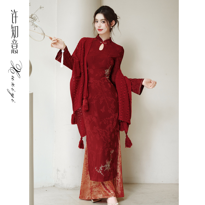 Xu Zhiyi's New Chinese-Style Red Engagement Cheongsam Layered Suit for Women, Autumn and Winter New Bride's Toast Dress Xu Zhiyi's New Chinese-Style Red Engagement Cheongsam Layered Suit for Women, Autumn and Winter New Bride's Toast Dress