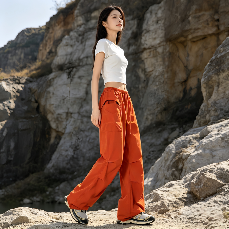 2026 New Outdoor Waterproof and Windproof Orange Cargo Pants for Women, Loose Wide-Leg Multi-Pocket Casual Long Straight Pants