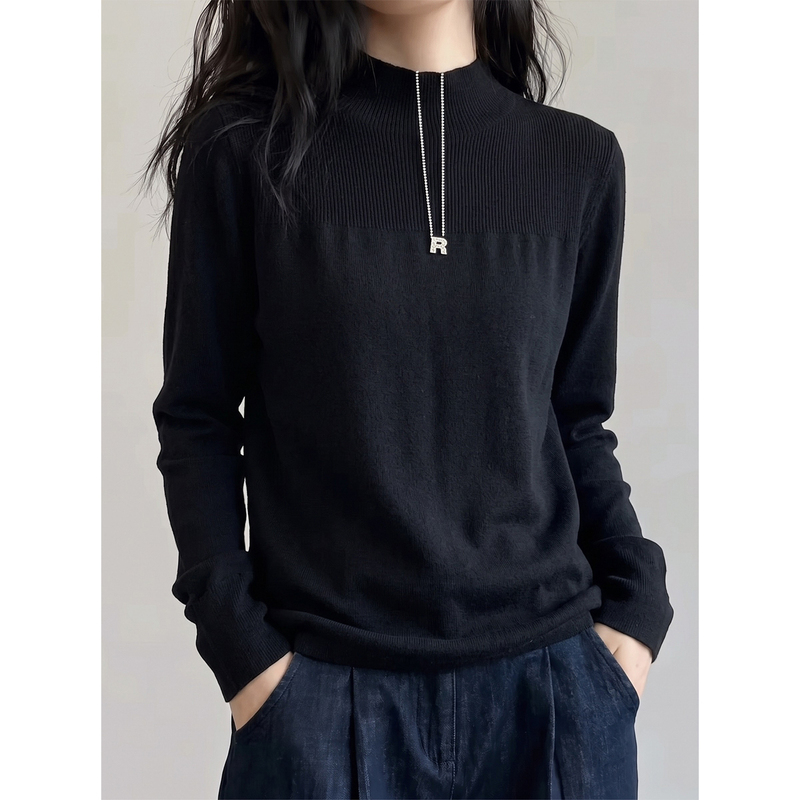 Minimalist Style Half-Turtleneck Rhinestone Sweater for Women, Autumn 2026 New Model, Versatile Patchwork Fabric, Suitable for Commuting, Knitted Base Shirt Minimalist Style Half-Turtleneck Rhinestone Sweater for Women, Autumn 2026 New Model, Versatile Patchwork Fabric, Suitable for Commuting, Knitted Base Shirt